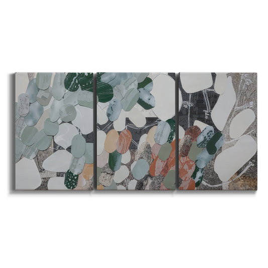 Three-panel canvas wall art featuring layered canyon inspired abstract forms on white background.