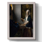 Quiet interior genre scene of a woman with scales by Johannes Vermeer printed on canvas in an ornate weathered white frame with a vertical orientation.