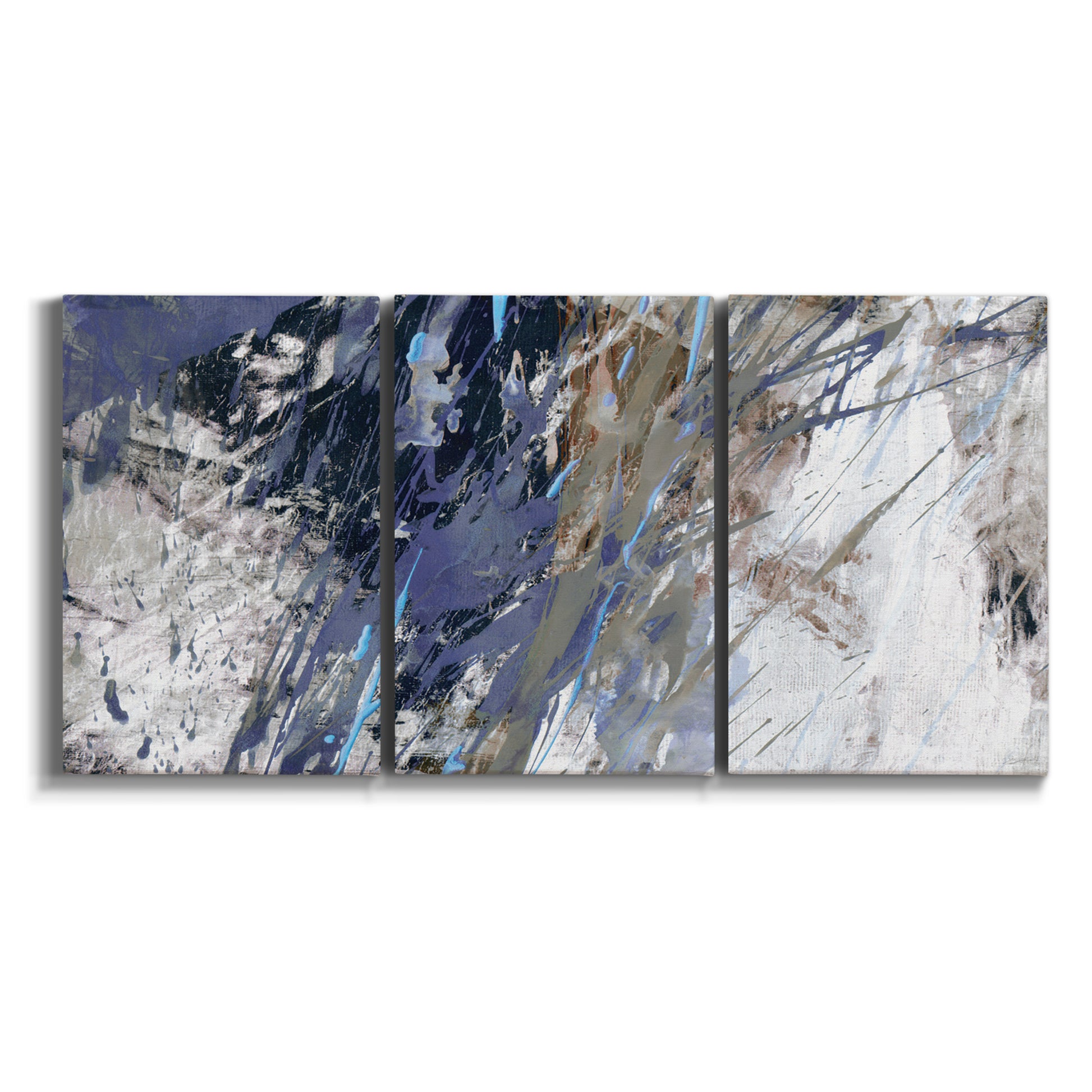 Three-panel canvas wall art featuring textured blue abstract composition on white background.