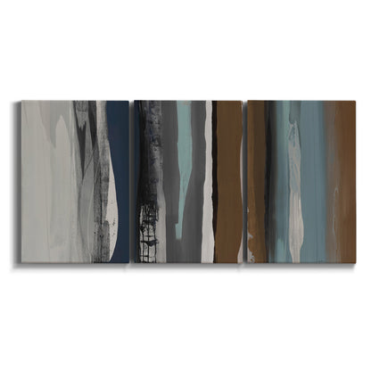 Three-panel canvas wall art featuring layered abstract amusement park tones on white background.