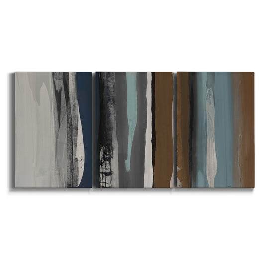 Three-panel canvas wall art featuring layered abstract amusement park tones on white background.