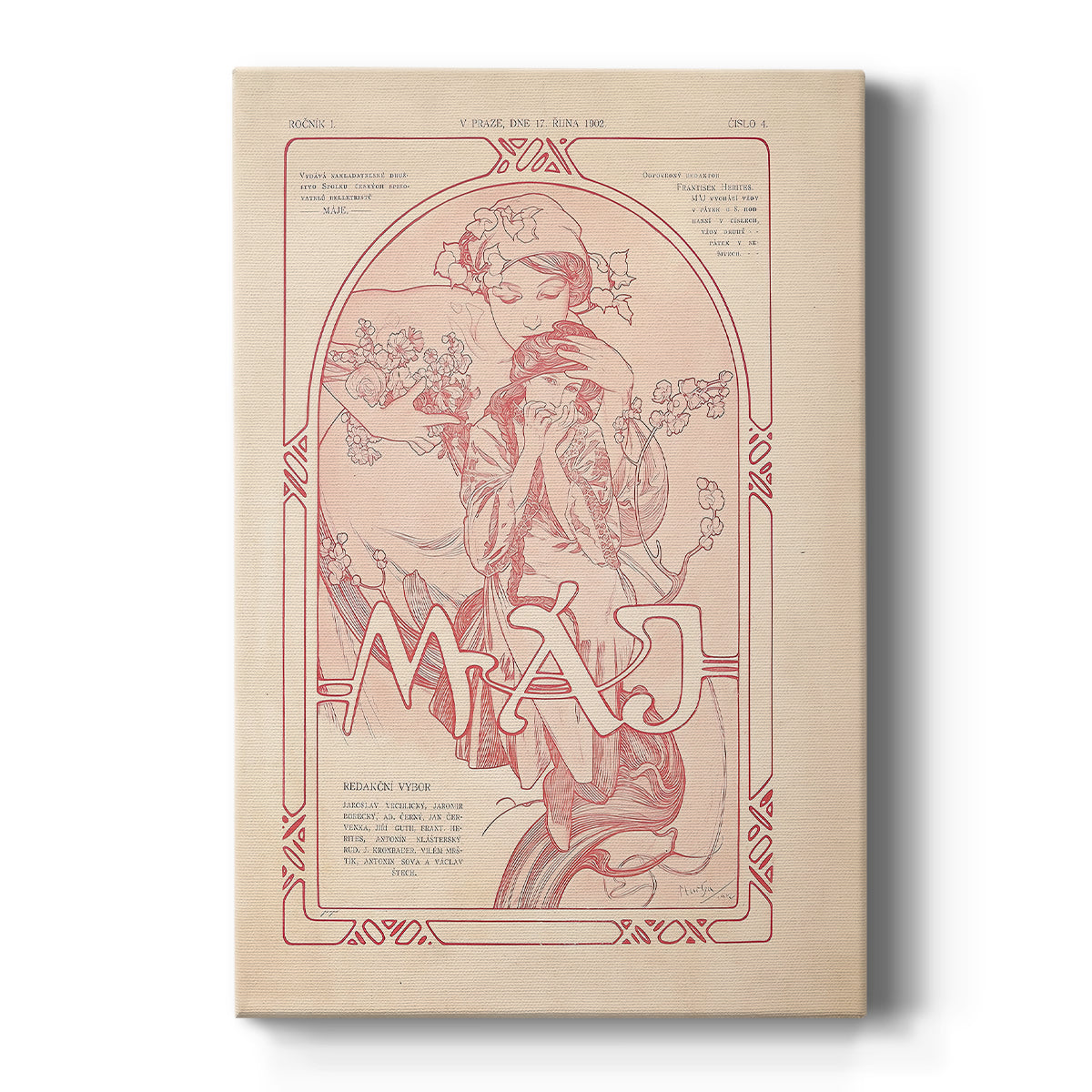 Canvas art print featuring an Art Nouveau illustration of a woman symbolizing spring with soft floral details on a clean white background.