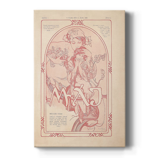 Canvas art print featuring an Art Nouveau illustration of a woman symbolizing spring with soft floral details on a clean white background.
