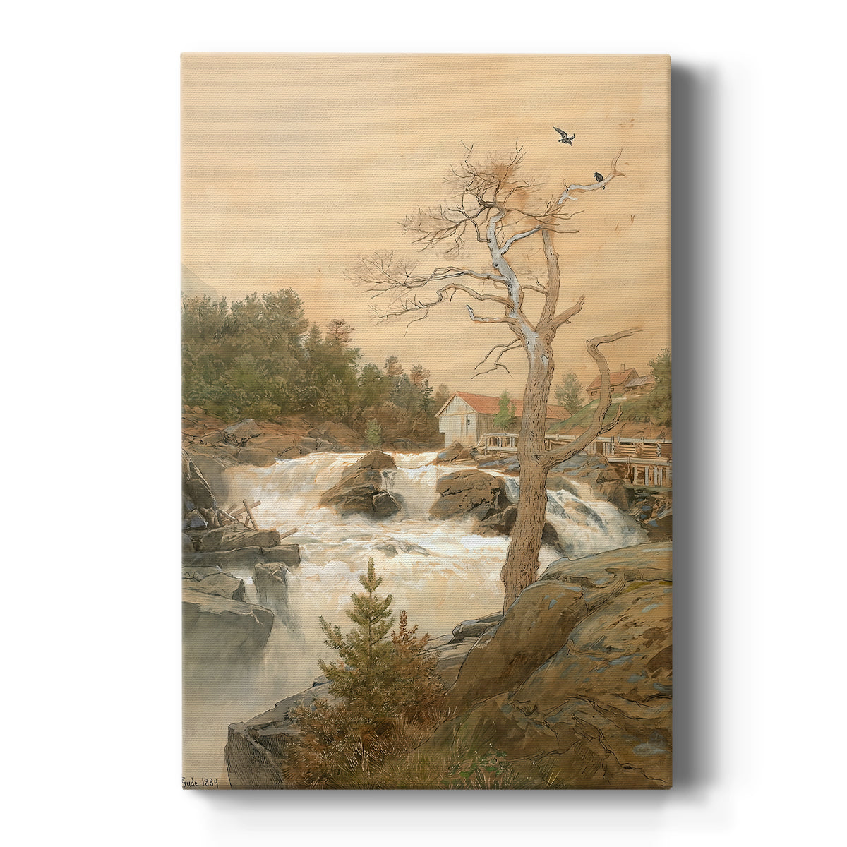 Canvas art print featuring a Romantic landscape of a waterfall surrounded by rocks and trees on a clean white background.