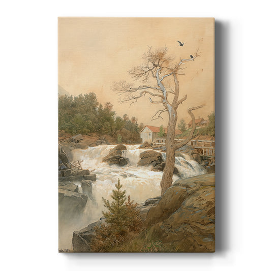 Canvas art print featuring a Romantic landscape of a waterfall surrounded by rocks and trees on a clean white background.
