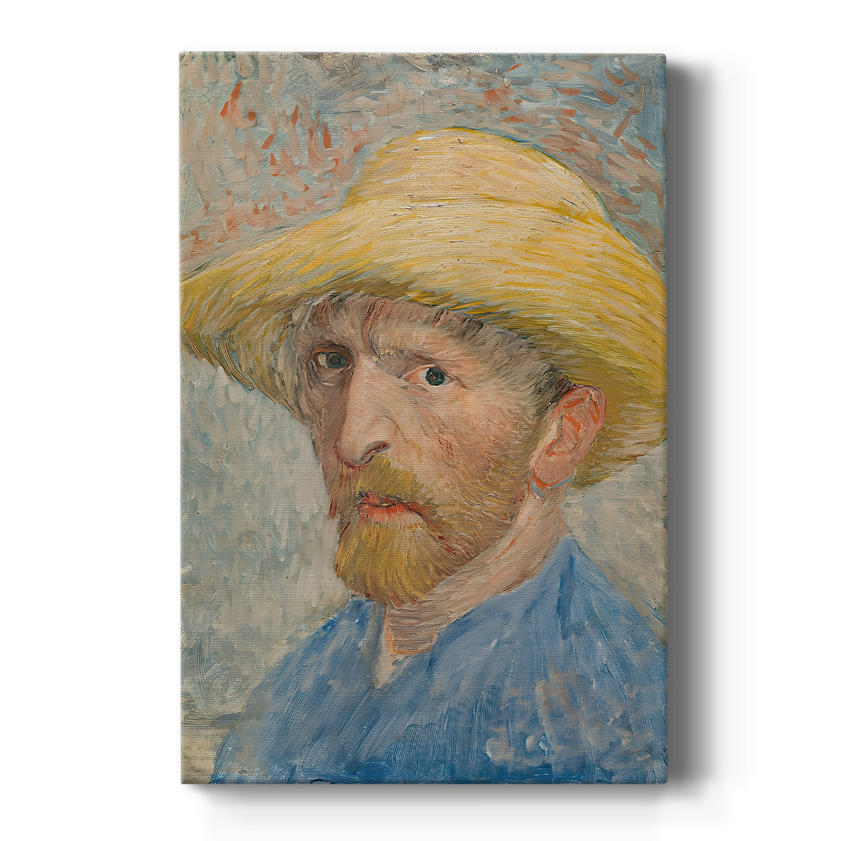 Canvas art print featuring an expressive self-portrait of the artist wearing a straw hat with textured brushwork on a clean white background.