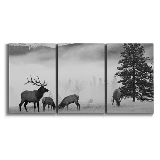 Three-panel canvas wall art featuring elk standing in mountain meadow on white background.