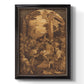 Monochrome religious painting of the raising of Lazarus by Leandro Bassano printed on canvas in an ornate black frame with gilded inner detail with a vertical orientation.