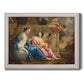 Classical allegorical painting of the muses by Simon Vouet printed on canvas in an ornate weathered white frame.