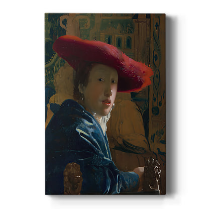 Canvas art print featuring a Baroque portrait of a young woman in a red hat with rich color contrast on a clean white background.
