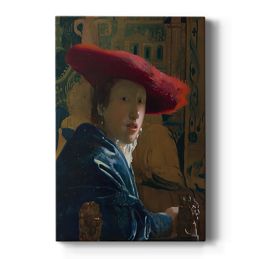 Canvas art print featuring a Baroque portrait of a young woman in a red hat with rich color contrast on a clean white background.