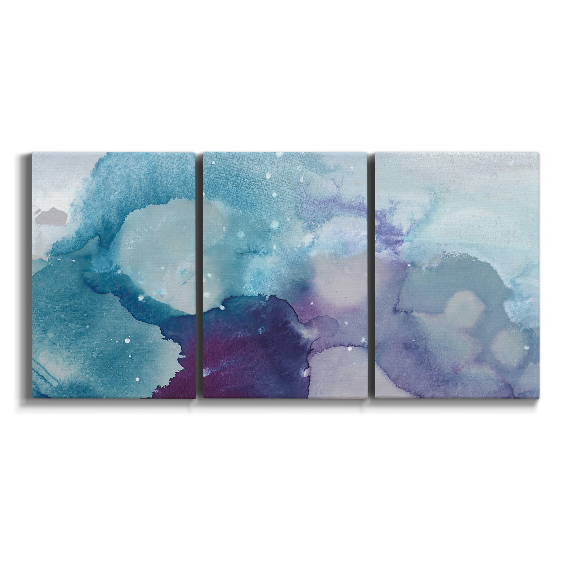 Three-panel canvas wall art featuring icy abstract crystalline forms on white background.
