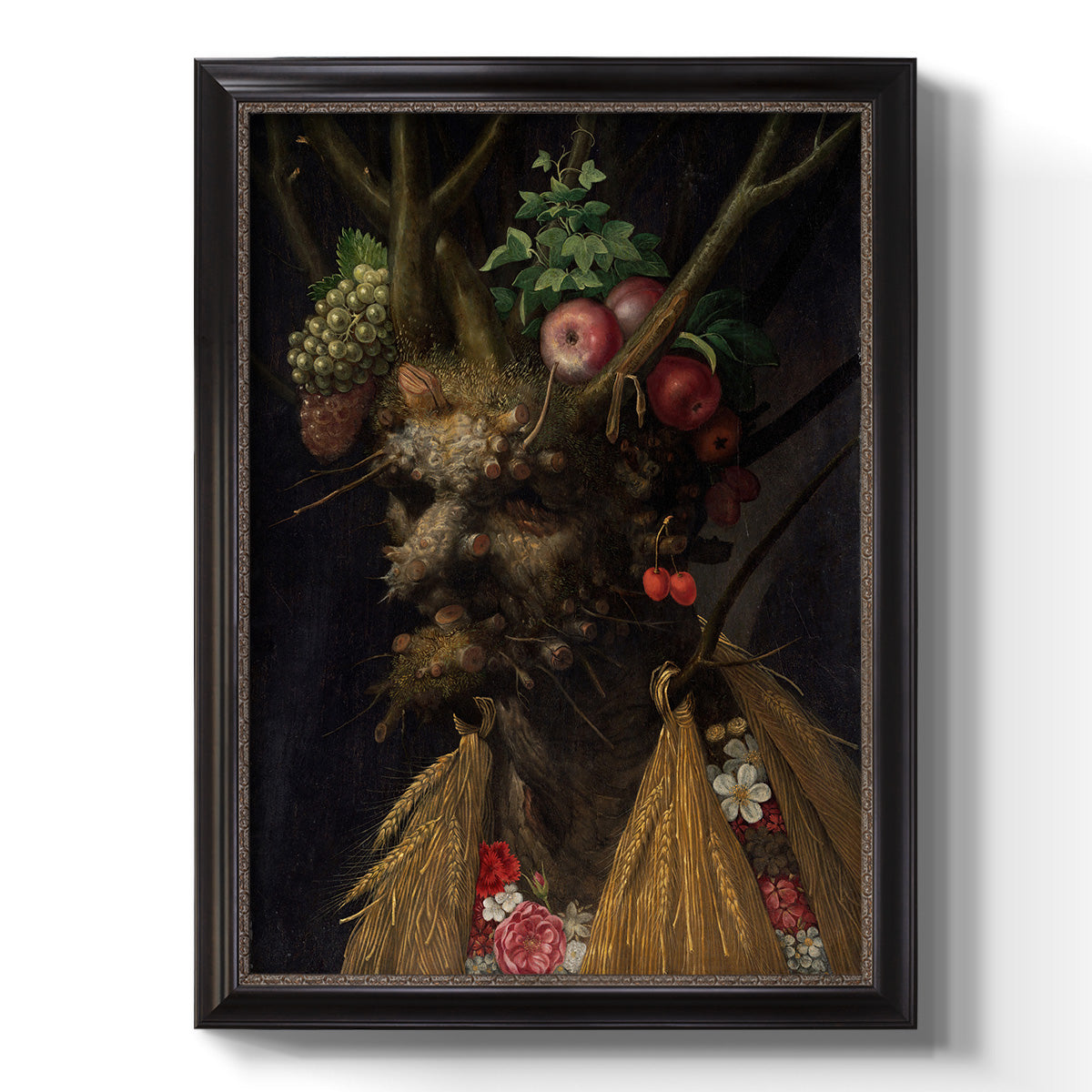 Surreal allegorical portrait representing the four seasons by Giuseppe Arcimboldo printed on canvas in an ornate black frame with gilded inner detail with a vertical orientation.