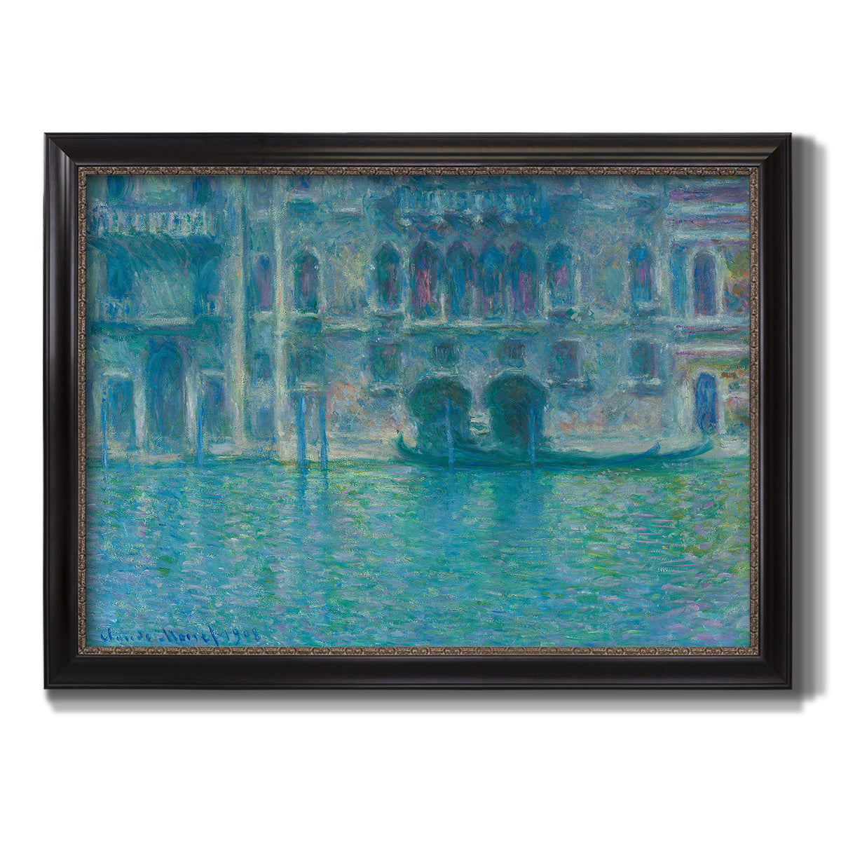 Impressionist Venetian palace waterfront scene by Claude Monet printed on canvas in an ornate black frame with gilded inner detail.