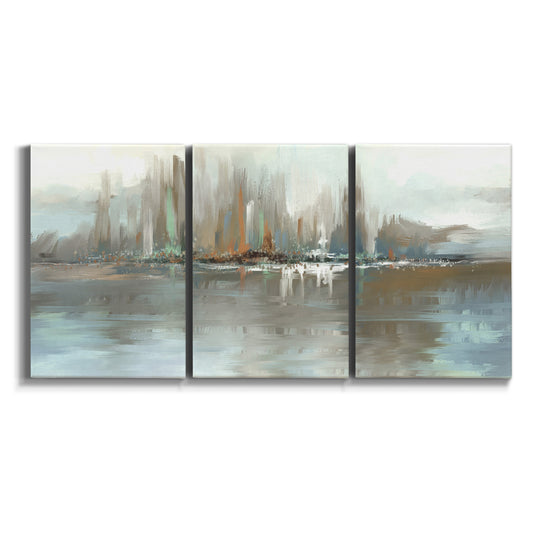 Three-panel canvas wall art featuring glowing abstract city lights on white background.