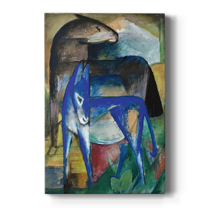 Canvas art print featuring an expressionist scene of two blue donkeys in a stylized landscape on a clean white background.