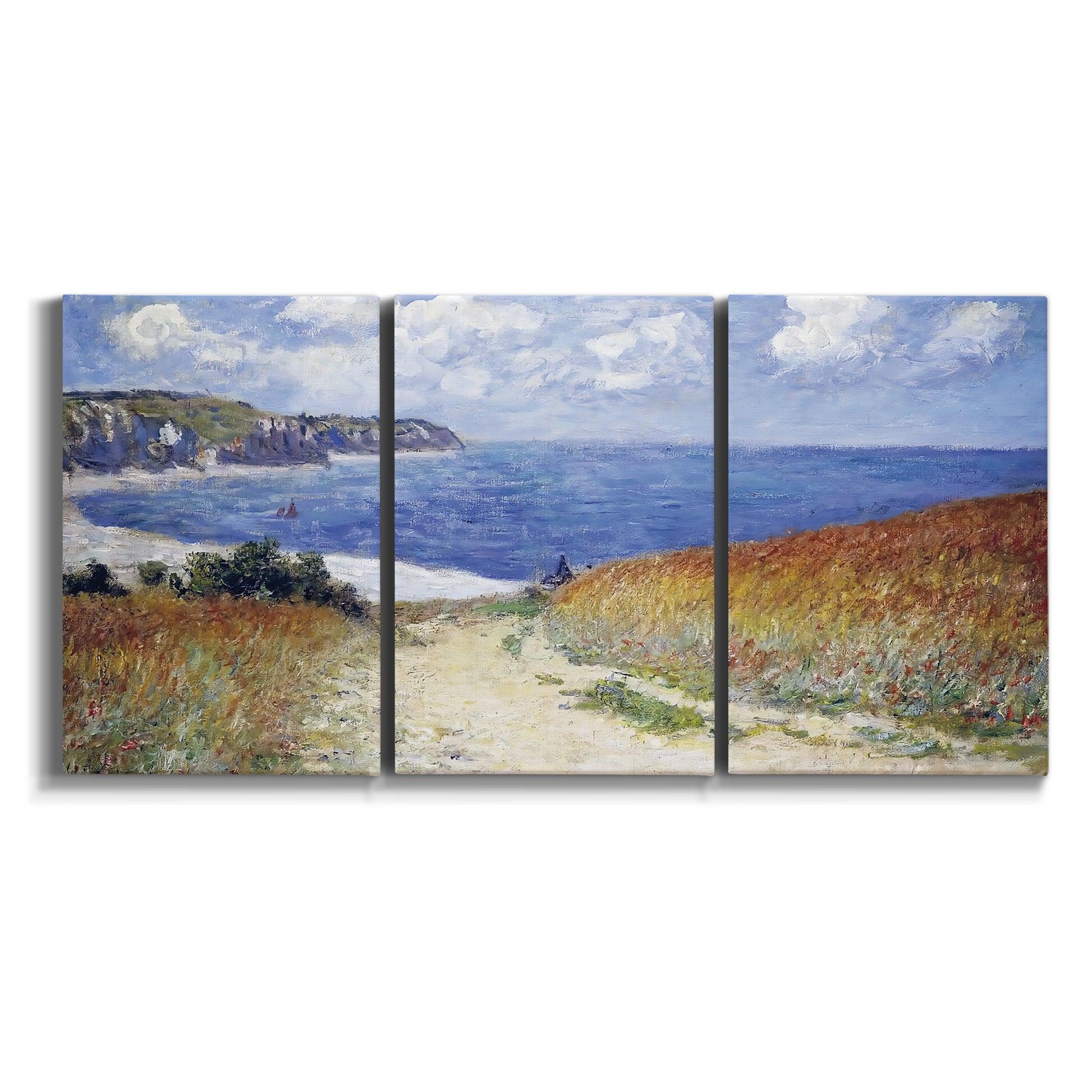 Three-panel canvas wall art featuring coastal path leading to sea on white background.