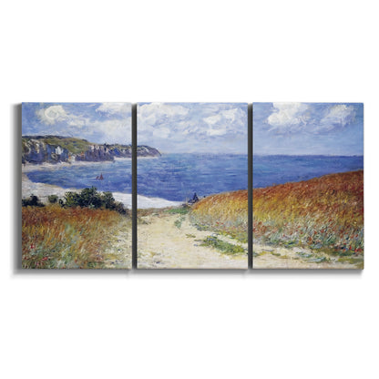 Three-panel canvas wall art featuring coastal path leading to sea on white background.