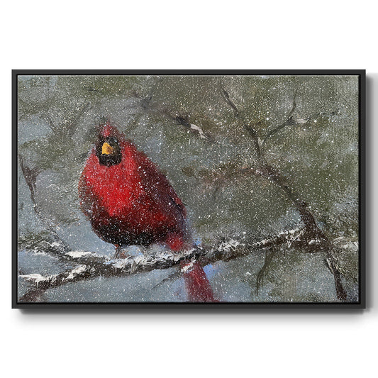 Cardinal in Snow I - Framed Gallery Wrapped Canvas in Floating Frame