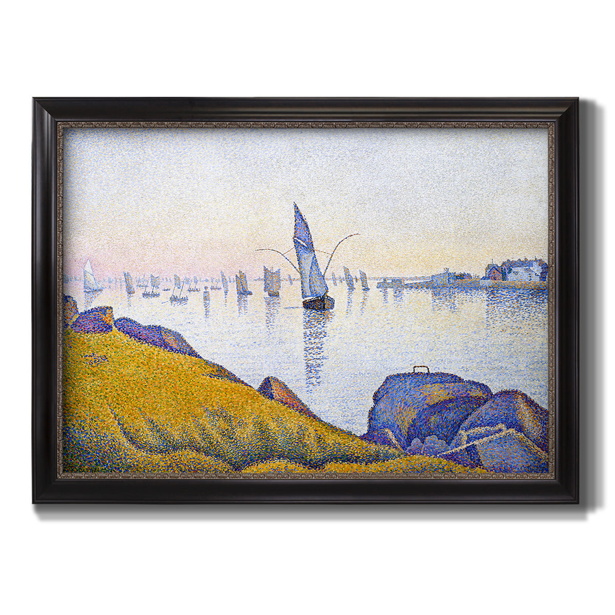 Impressionist coastal harbor at dusk by Paul Signac printed on canvas in an ornate black frame with gilded inner detail.