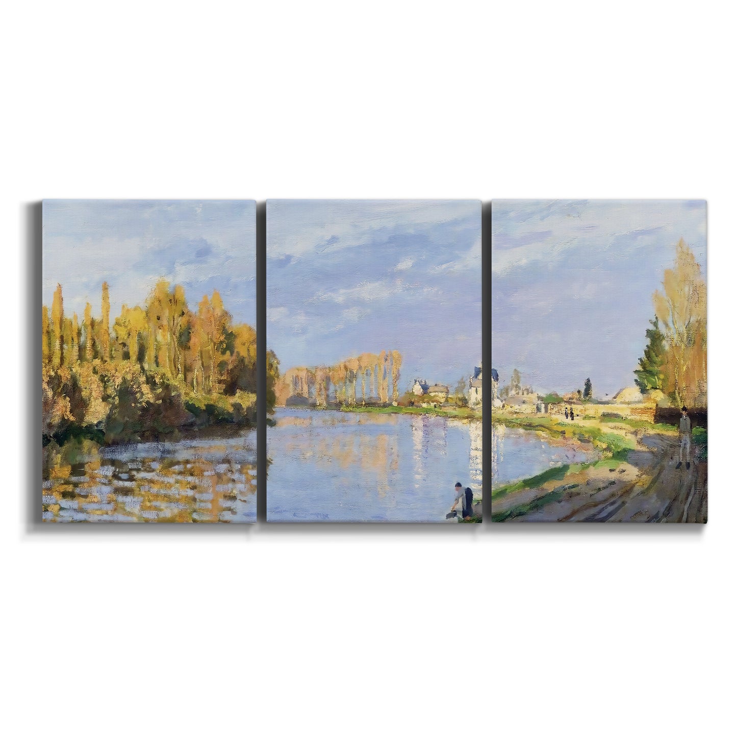 Three-panel canvas wall art featuring river flowing past village on white background.
