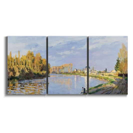 Three-panel canvas wall art featuring river flowing past village on white background.