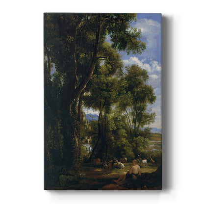Canvas art print featuring a pastoral landscape with a goatherd and animals in open terrain on a clean white background.