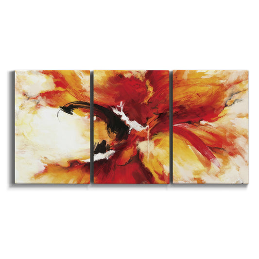 Three-panel canvas wall art featuring fiery abstract bird form on white background.