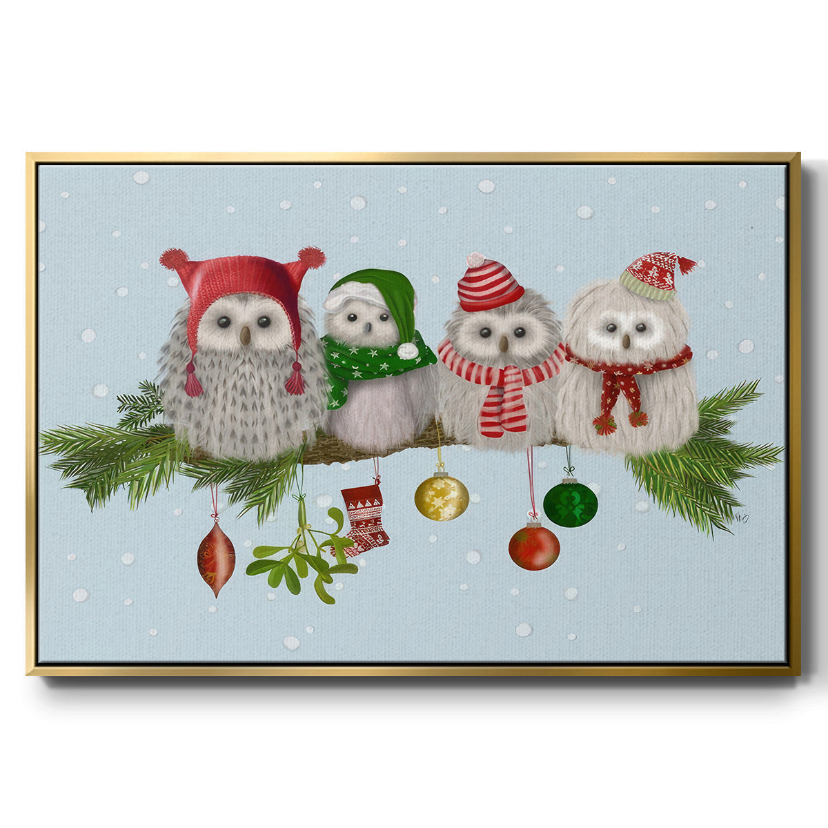 Christmas Fluffy Christmas Owls on Branch - Framed Gallery Wrapped Canvas in Floating Frame