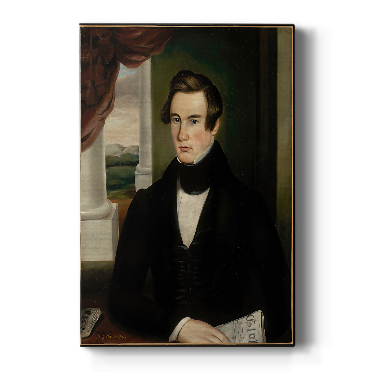 Canvas art print featuring a realistic portrait of a man in dark attire with soft luminist light on a clean white background.