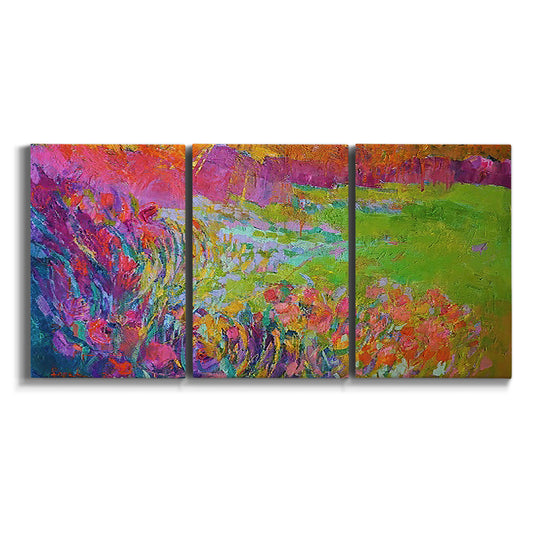 Three-panel canvas wall art featuring abstract meadow inspired color fields on white background.