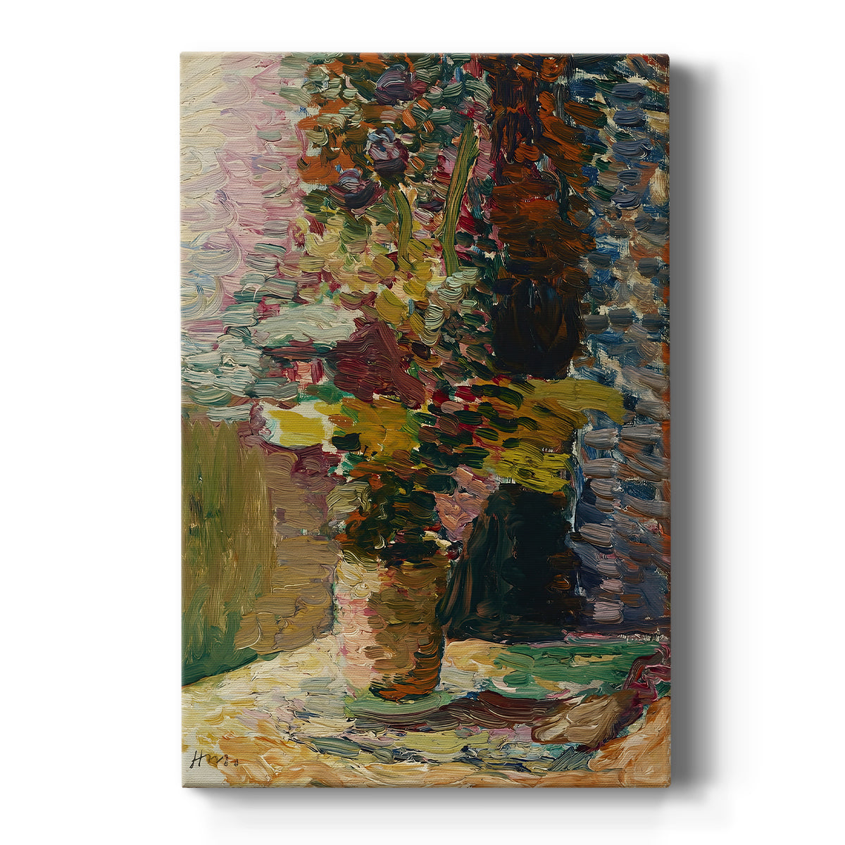 Canvas art print featuring a fauvist still life of flowers in a vase with bright layered color on a clean white background.