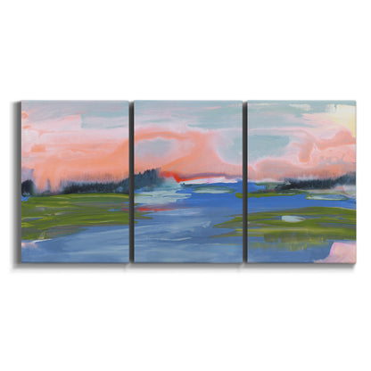 Three-panel canvas wall art featuring sunset reflections across calm sea on white background.