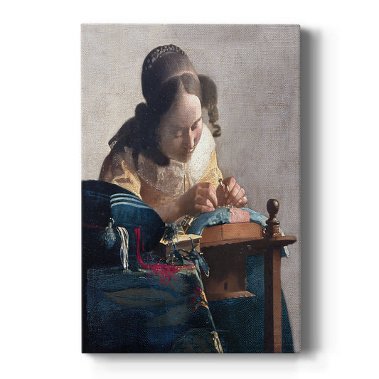 Canvas art print featuring a Baroque close-up of a woman making lace with delicate detail on a clean white background.