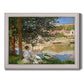 Impressionist riverside landscape at Bennecourt by Claude Monet printed on canvas in an ornate weathered white frame.