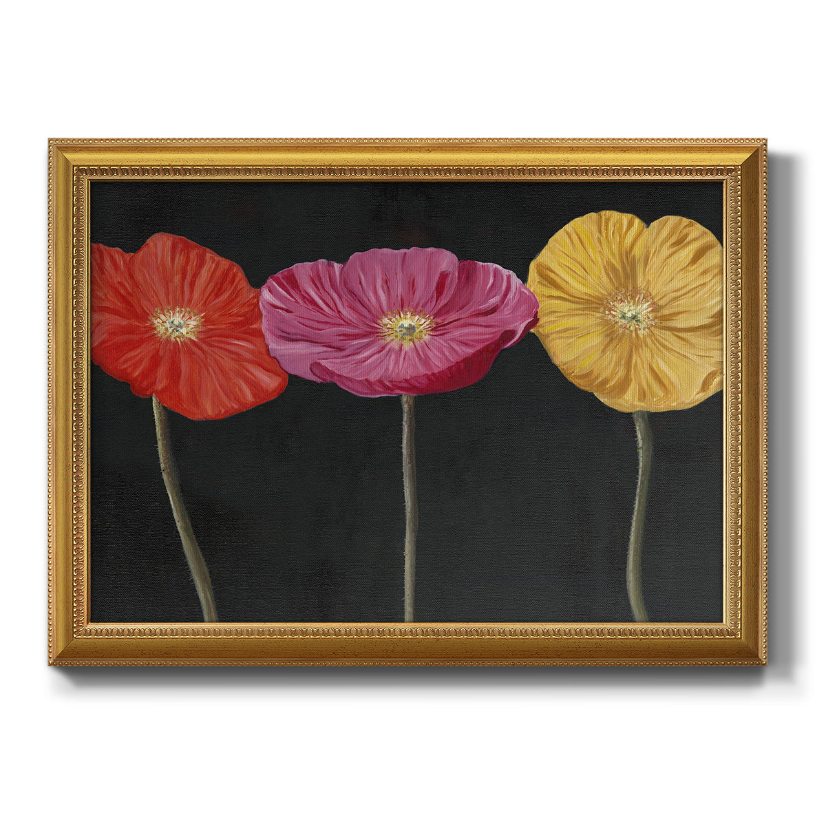Contemporary poppy flower artwork printed on canvas in an ornate antique gold frame.