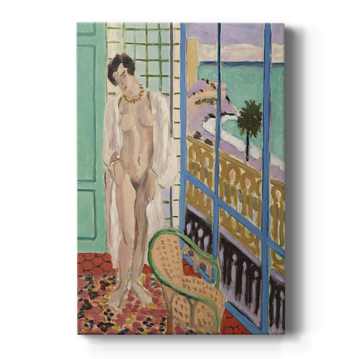 Canvas art print featuring a fauvist scene of a nude figure standing beside a window in soft light on a clean white background.