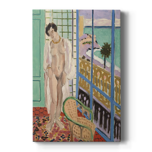Canvas art print featuring a fauvist scene of a nude figure standing beside a window in soft light on a clean white background.