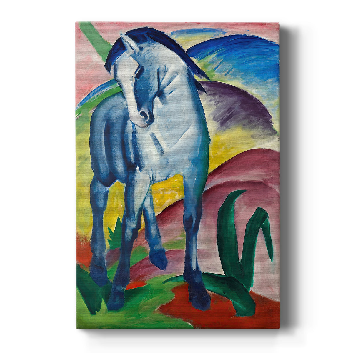 Canvas art print featuring an expressionist portrait of a blue horse with simplified curved forms on a clean white background.