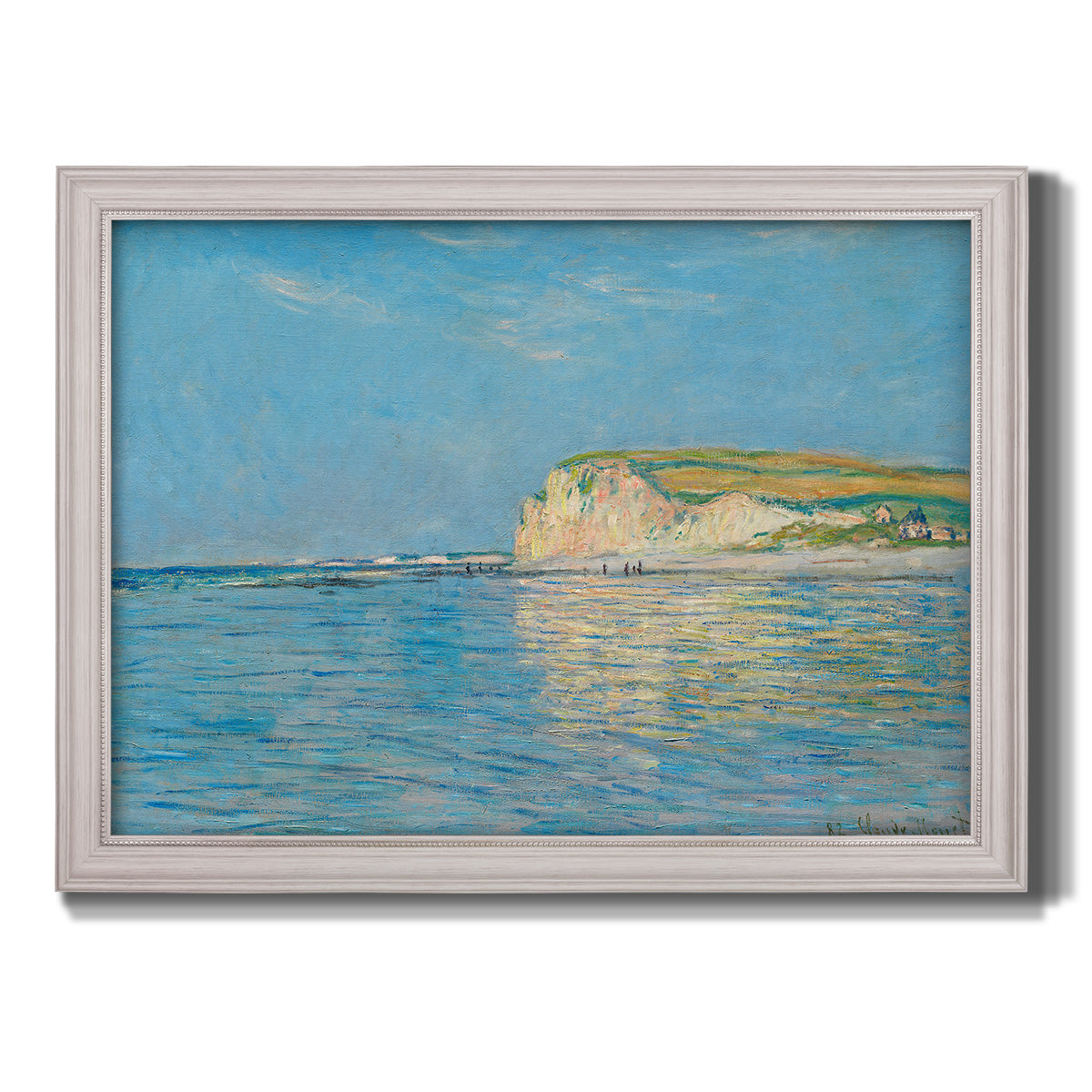 Impressionist coastal low-tide seascape at Pourville by Claude Monet printed on canvas in an ornate weathered white frame.