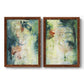 Set of two maple barnwood framed canvas prints featuring two nature-inspired mixed-media abstracts featuring layered blue green cream and charcoal textures.