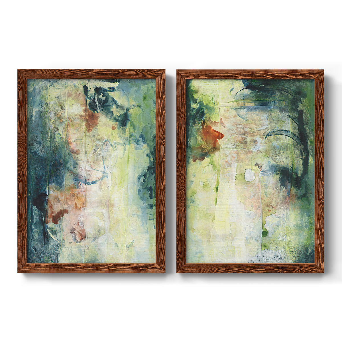 Set of two maple barnwood framed canvas prints featuring two nature-inspired mixed-media abstracts featuring layered blue green cream and charcoal textures.