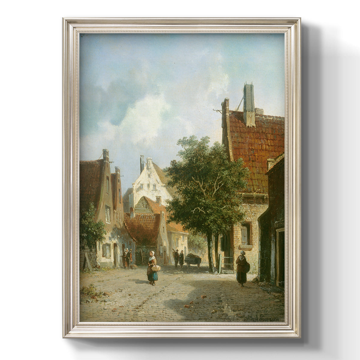 Rustic European street scene painting by Adriaan Eversen printed on canvas in an ornate champagne frame with a vertical orientation.