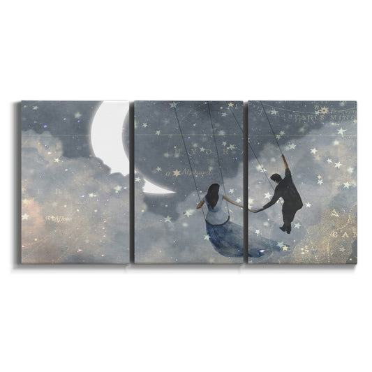 Three-panel canvas wall art featuring surreal celestial romantic scene on white background.