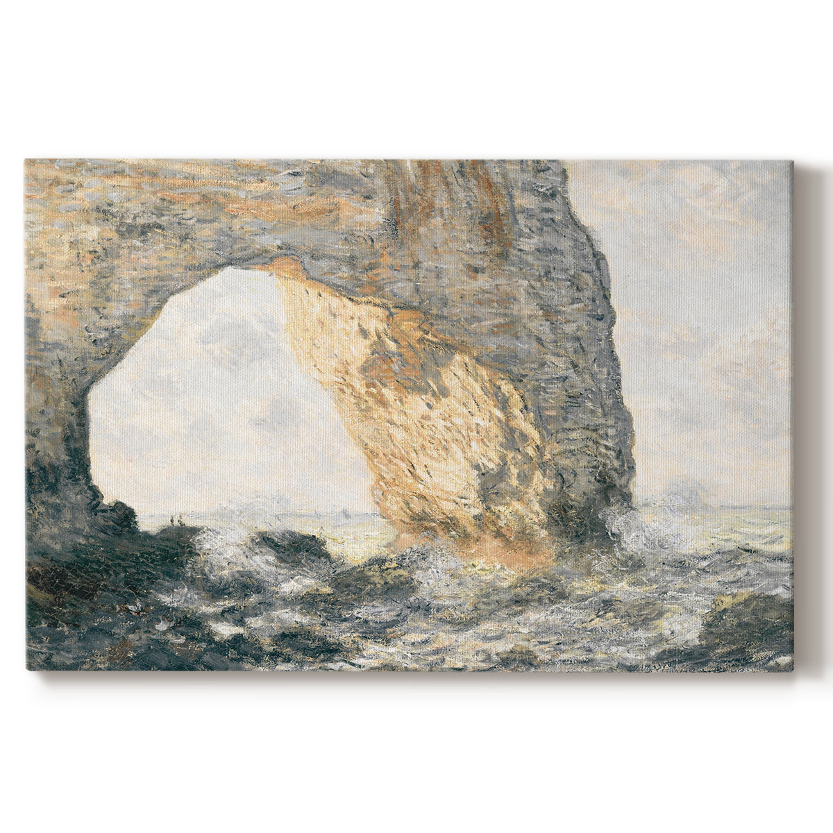 coastal landscape,natural arch,crashing waves,rocky shore,daytime,ocean,marine scenery,seascape,tranquil atmosphere,clear sky,water,nature,beauty,outdoors,cliffs,horizon,waves,rock formations,coastline,scenic view,exploration,adventure,summer,sunlight,ocean spray,Impressionism,serene,natural beauty,maritime,travel,vacation,relaxation,environment,geology,painted landscape,picturesque,wildlife,shoreline,historical art