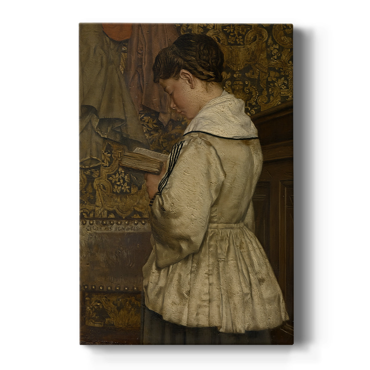 Canvas art print featuring a realistic interior scene of a young girl reading in a softly lit room on a clean white background.