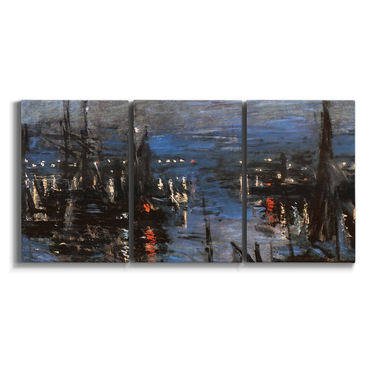Three-panel canvas wall art featuring Le Havre port at night with lights on white background.