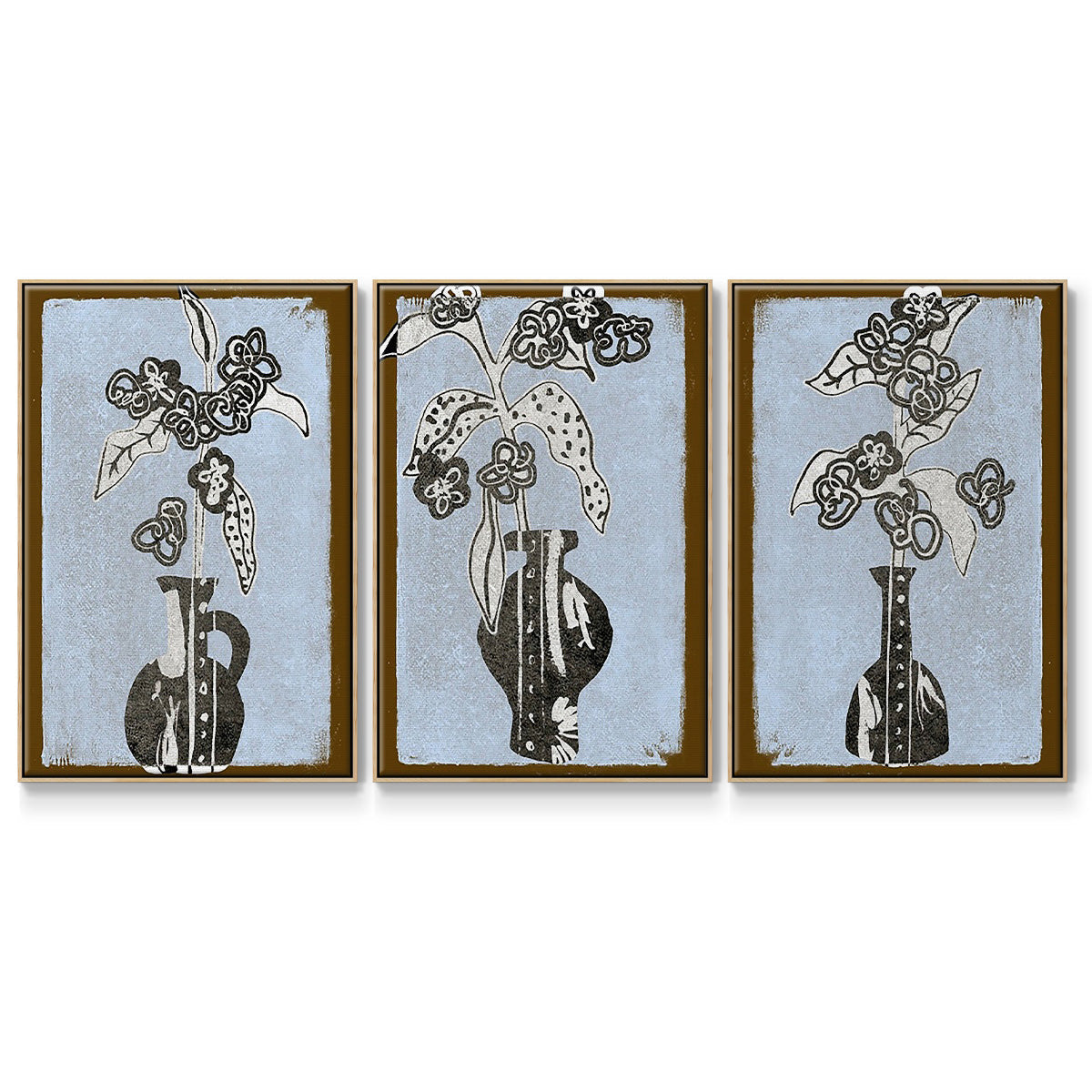 Graphic Flowers in Vase I - Framed Premium Gallery Wrapped Canvas L Frame 3 Piece Set - Ready to Hang