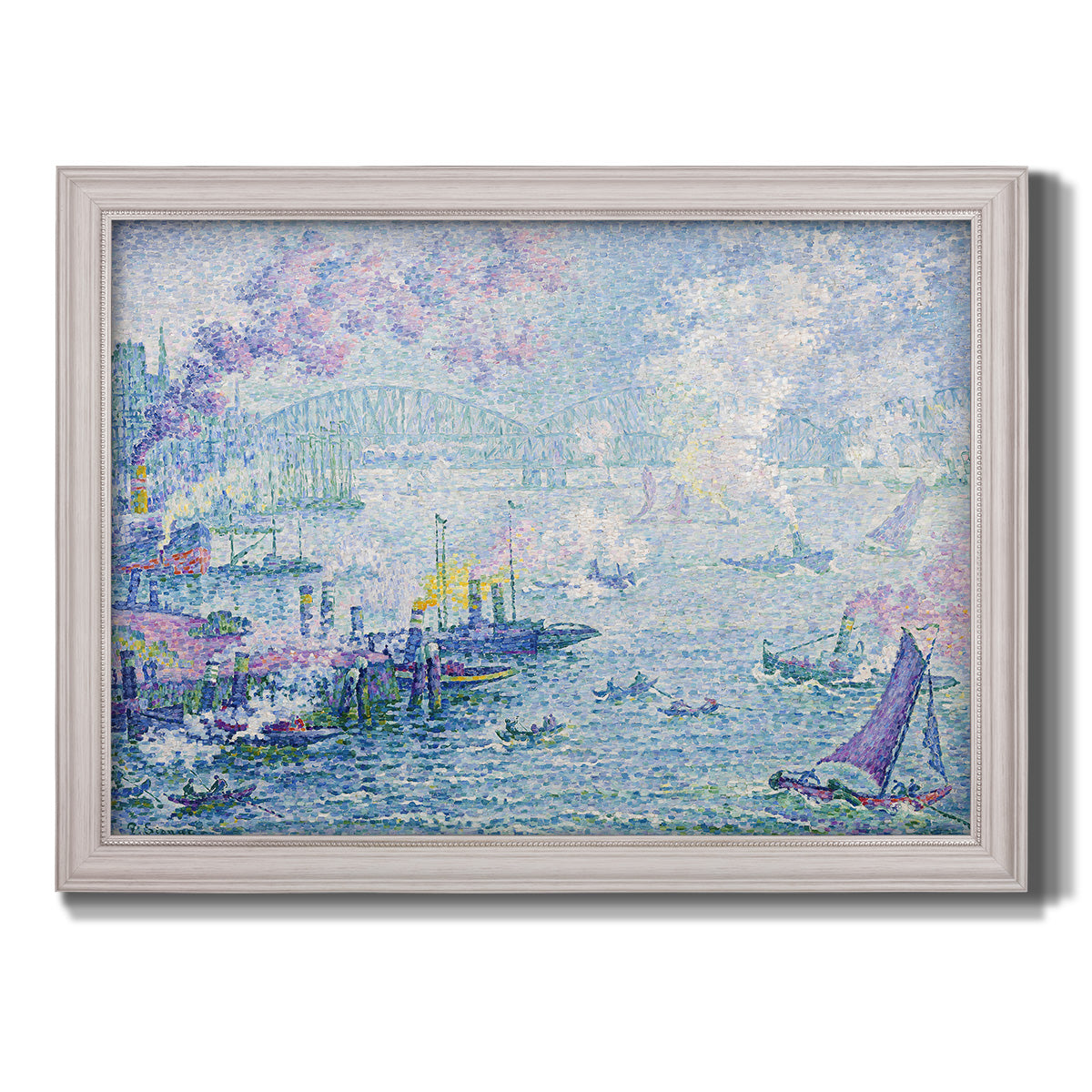 Impressionist industrial harbor scene by Paul Signac printed on canvas in an ornate weathered white frame.