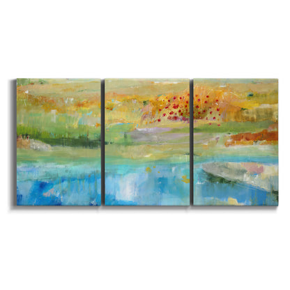 Three-panel canvas wall art featuring abstract sense of forward movement on white background.